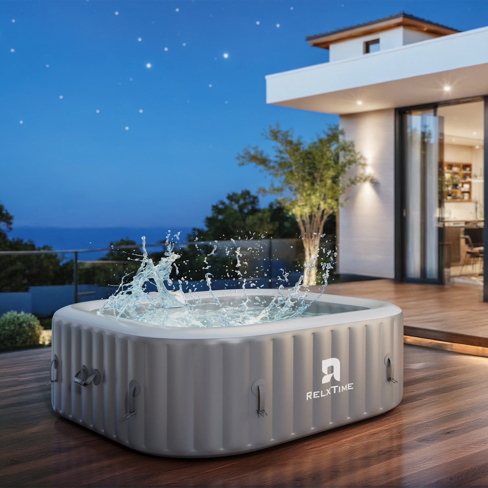 RELXTIME 73*73 inch Portable Square Inflatable Massage Pool for 4-6 People Outdoor Spa with 130 Bubbling Massage Jets, Built-in Heating Pump with Two Cartridges, Gray FathersDayGift Seat Cushions Relaxation QJW6002