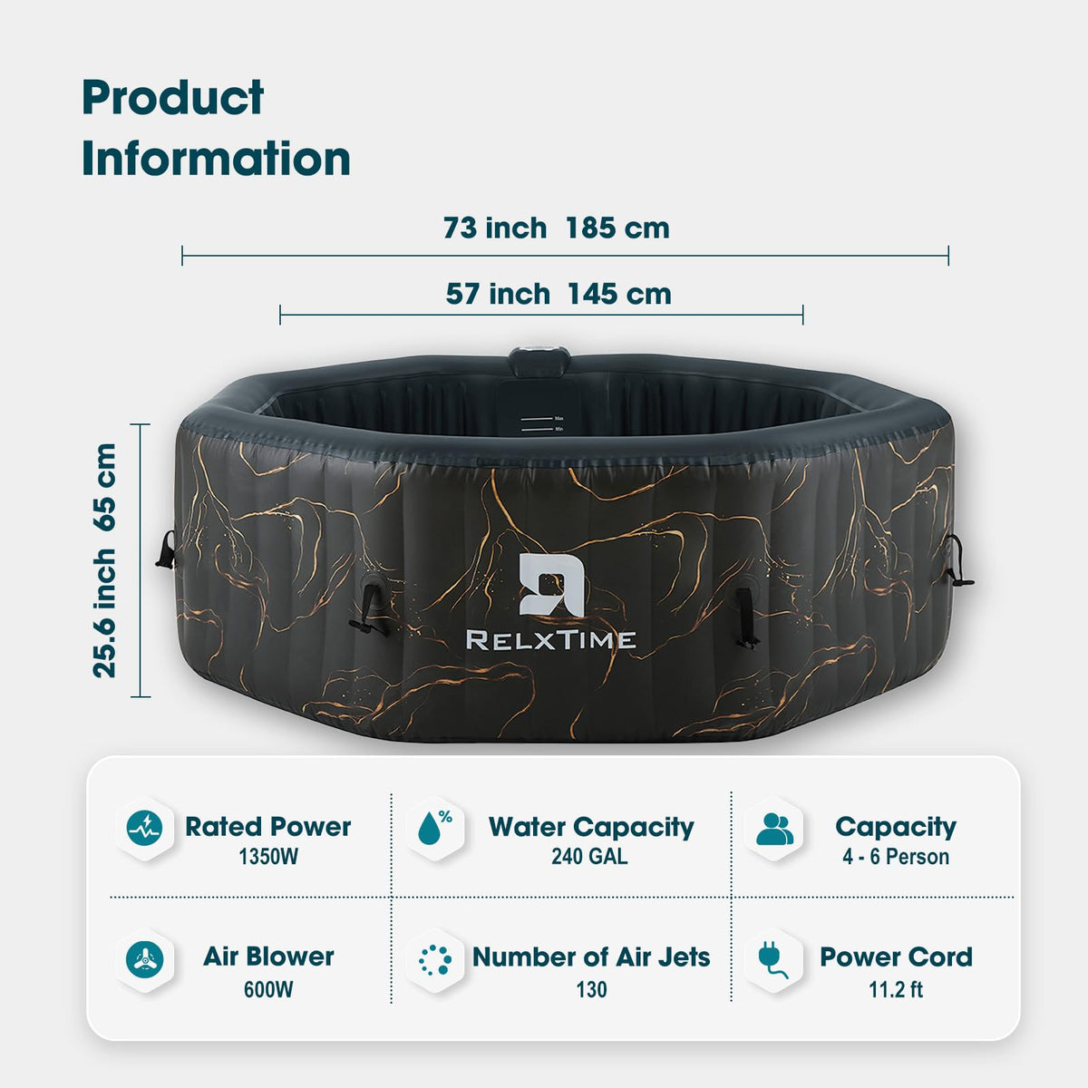 Spa gonflable octogonal Relxtime pour 4 à 6 personnes, noir et or, portable, avec 130 jets à bulles apaisants, housse isolante et 2 cartouches filtrantes - HJD6001